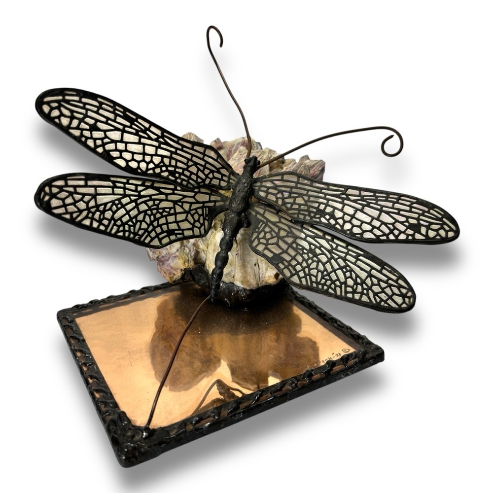 Vintage Handmade Artist Signed Unique Metal Welded Dragonfly Sea Shell Sculpture